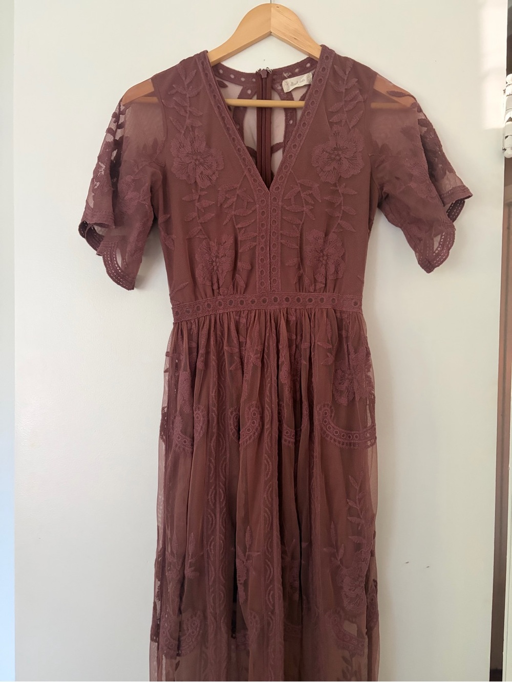 Altar'd State Mauve Lace Embroidered Midi Dress